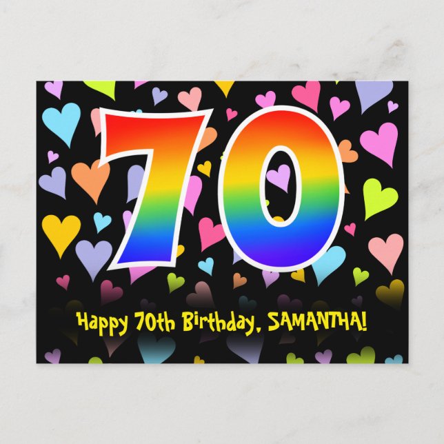 70th Birthday: Fun Hearts Pattern, Rainbow 70 Postcard (Front)