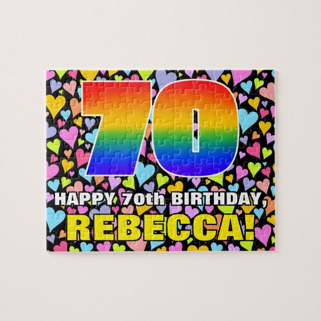 70th Birthday — Fun, Loving Heart Shapes + “70” Jigsaw Puzzle (Horizontal)