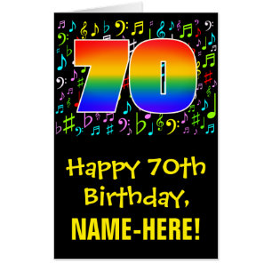 70th Birthday: Fun Music Symbols + Rainbow # 70 Card