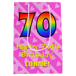 70th Birthday: Fun Pink Hearts Stripes; Rainbow 70 Medium Gift Bag