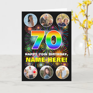 70th Birthday: Fun Rainbow #, Custom Name & Photos Card