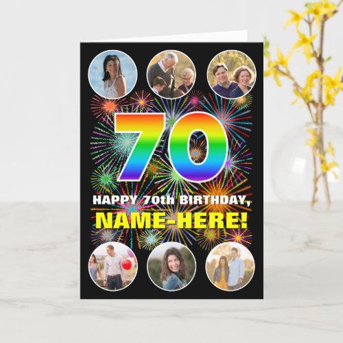 70th Birthday Fun Rainbow  Custom Name  Photos Card