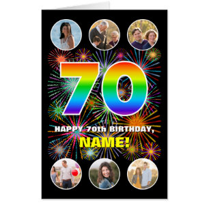 70th Birthday: Fun Rainbow #, Custom Name + Photos Card