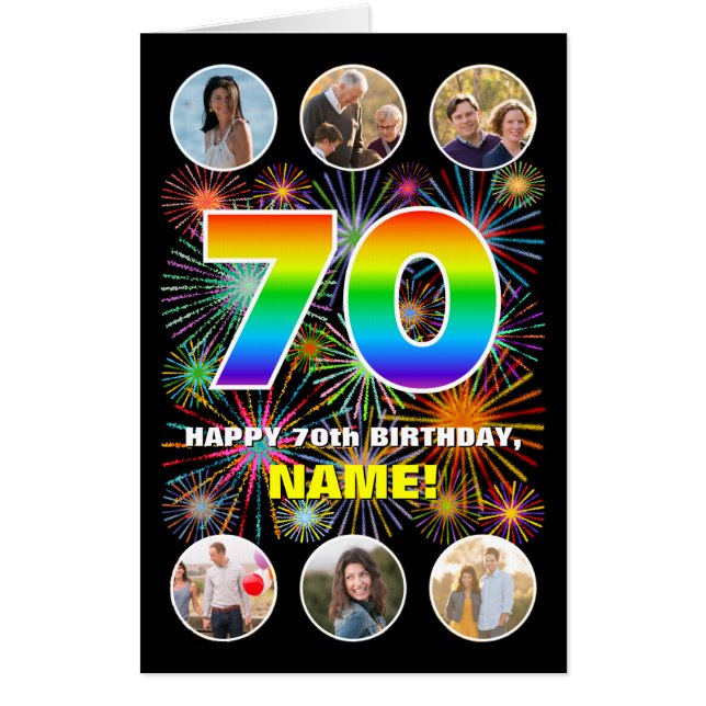 70th Birthday: Fun Rainbow #, Custom Name + Photos Card (Front)