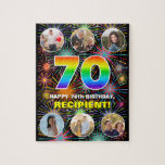 70th Birthday: Fun Rainbow #, Custom Name   Photos Jigsaw Puzzle<br><div class="desc">This bold and joyful birthday themed jigsaw puzzle design features a big number “70“ with a multicolor rainbow spectrum inspired gradient pattern, along with the message “HAPPY 70th BIRTHDAY, ” and a personalized name, on a pattern inspired by bursting multicolored celebratory fireworks. At the top and the bottom are images...</div>