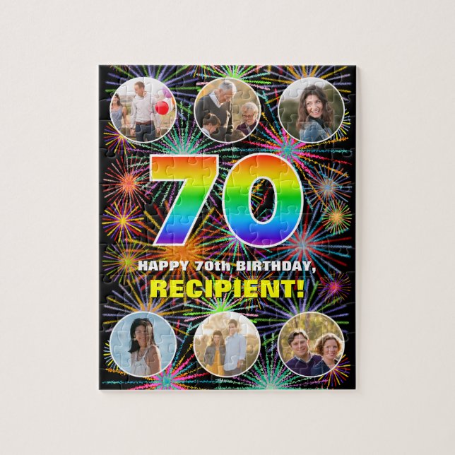 70th Birthday: Fun Rainbow #, Custom Name + Photos Jigsaw Puzzle (Vertical)