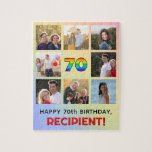 70th Birthday: Fun Rainbow #, Custom Name & Photos Jigsaw Puzzle<br><div class="desc">This cheerful and fun birthday-themed jigsaw puzzle design features the number “70“ with a vibrant multicolored rainbow spectrum inspired gradient pattern, along with the message “HAPPY 70th BIRTHDAY, ” and a customizable recipient name. The background also features a rainbow spectrum inspired gradient pattern, consisting of various shades of light pastel...</div>