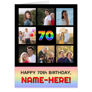 70th Birthday: Fun Rainbow #, Custom Photos & Name Card