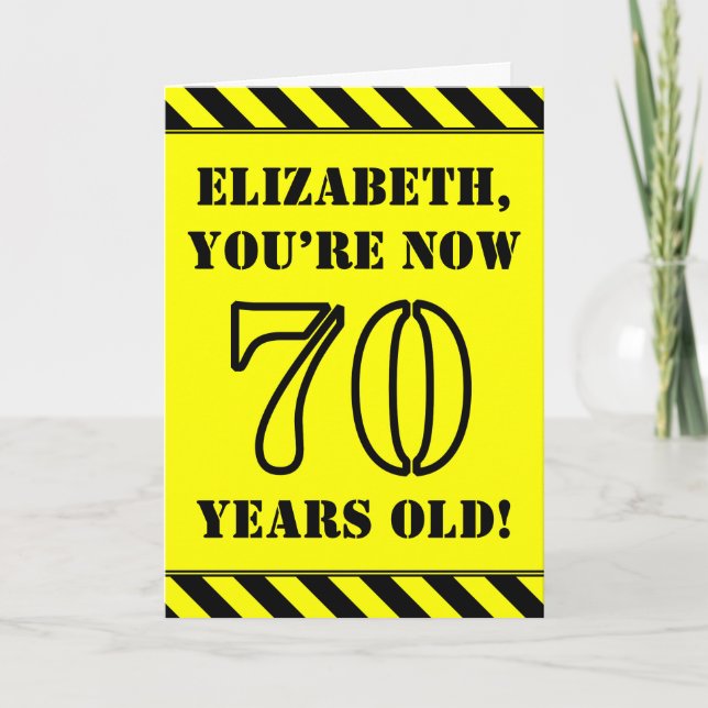 70th Birthday: Fun Stencil Style Text, Custom Name Card (Front)