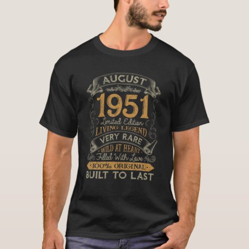 70Th Birthday Gift 70 Years Old Retro Vintage Augu T_Shirt