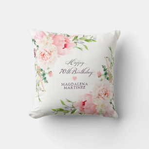 70th Birthday Gift Pink Floral Personalized Throw Pillow