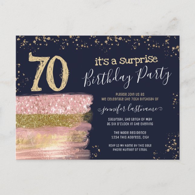 70th Birthday Glitter Cake Surprise Party Postcard (Front)