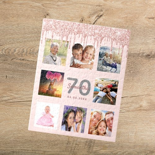 70th birthday glitter drips photo rose gold pink jigsaw puzzle