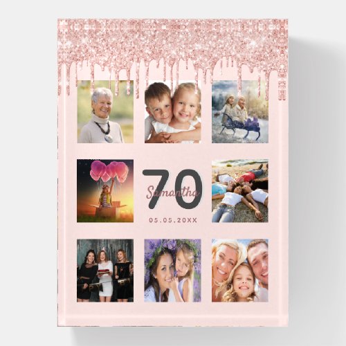 70th birthday glitter drips photo rose gold pink paperweight
