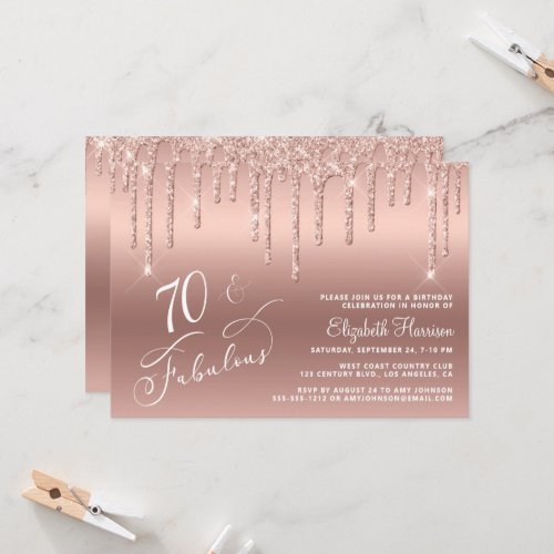 70th Birthday Glitter Rose Gold Invitation