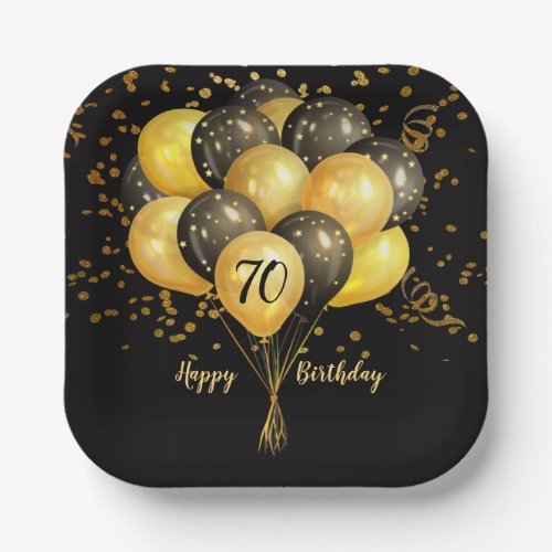 70th Birthday Gold And Black Balloons Glitter  Nap Paper Plates
