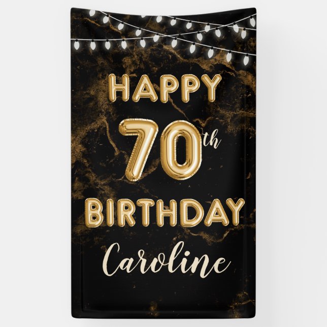 70th Birthday Gold Balloon Lights Black Birthday Banner (Vertical)