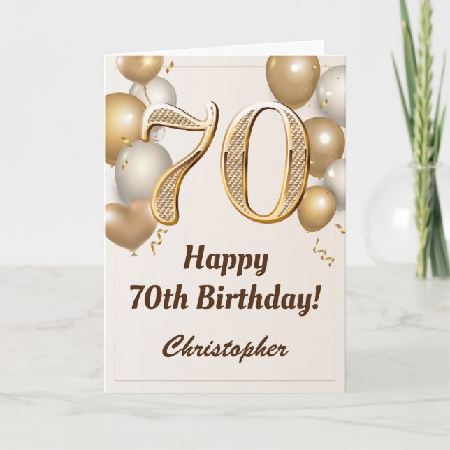 70th Birthday Gold Balloons and Confetti Birthday Card (Front)