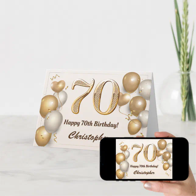 70th Birthday Gold Balloons and Confetti Birthday Card | Zazzle