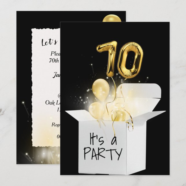 70th Birthday Gold Balloons In White Box Invitation (Front/Back)