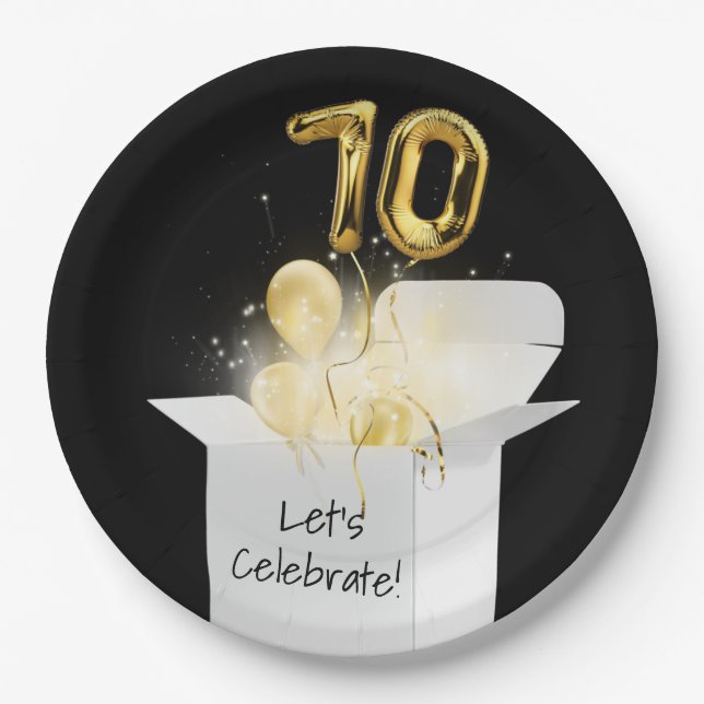70th Birthday Gold Balloons In White Box  Paper Plates (Front)