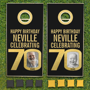 70th birthday gold & black custom photo cornhole set