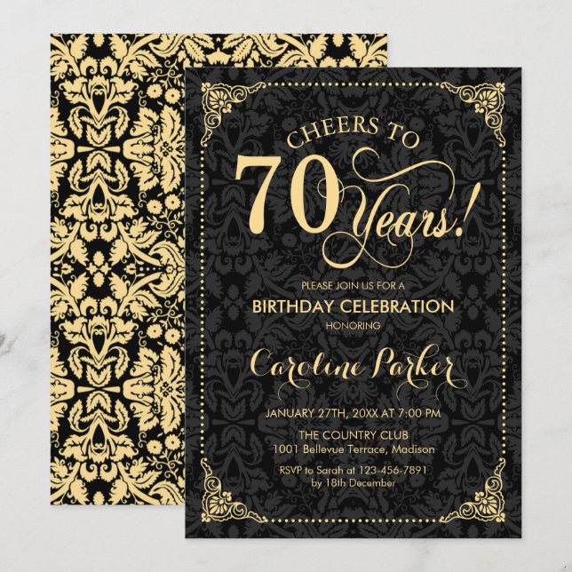 70th Birthday - Gold Black Damask Invitation (Front/Back)