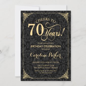 70th Birthday - Gold Black Damask Invitation | Zazzle