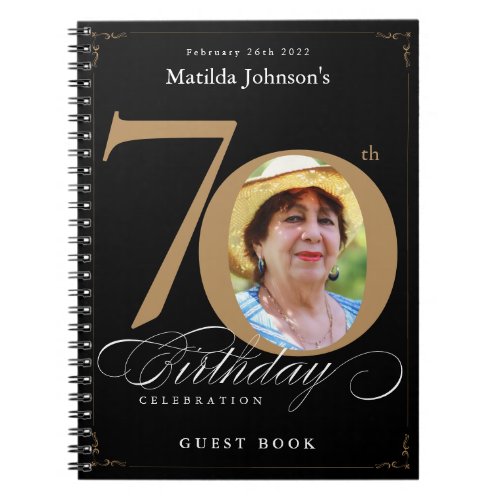 70th Birthday Gold Black Elegant Script Guestbook Notebook