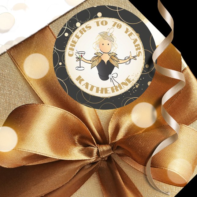 70th Birthday Gold Black Funny Cartoon Chic Classy Classic Round Sticker (Creator Uploaded)