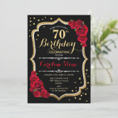 70th Birthday - Gold Black Red Roses Invitation (Standing Front)
