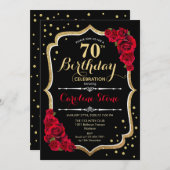 70th Birthday - Gold Black Red Roses Invitation (Front/Back)