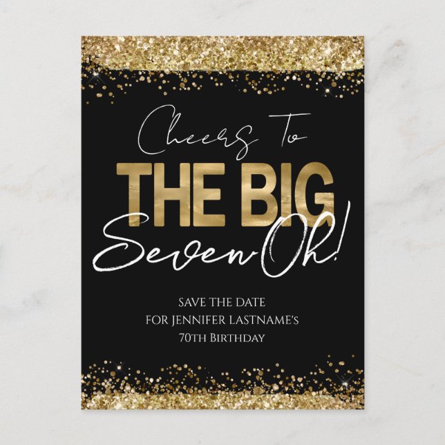70th Birthday Gold Black Save the Date Postcard (Front)