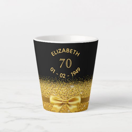70th birthday gold bow black name sparkle age latte mug