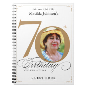 70th Birthday Gold Elegant Script White Guestbook Notebook