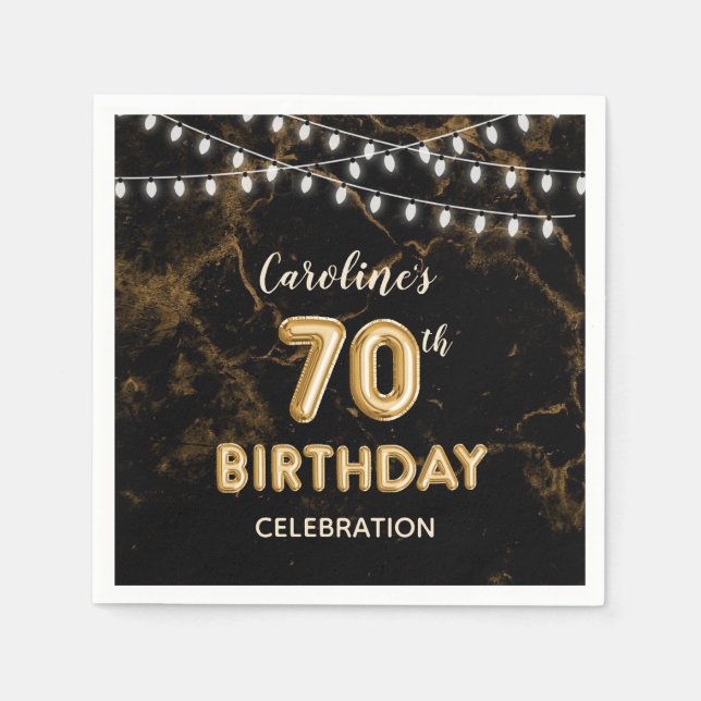 70th Birthday Gold Foil Balloons & String Lights Napkins (Front)