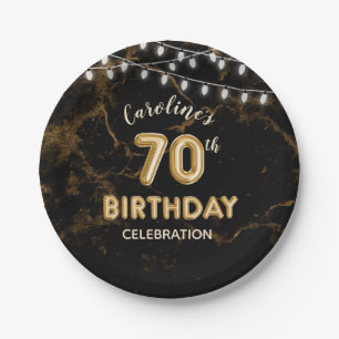 70th Birthday Gold Foil Balloons & String Lights Paper Plates