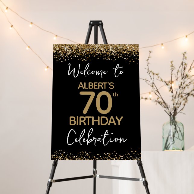 70th Birthday Gold Glitter and Black Welcome Foam Board (In Situ (Stand))