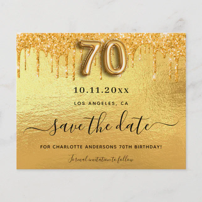 70th birthday gold glitter budget save the date flyer | Zazzle