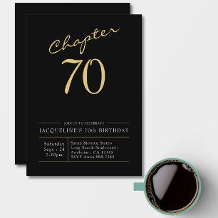 70th Birthday Gold Modern Script Black Invitation
