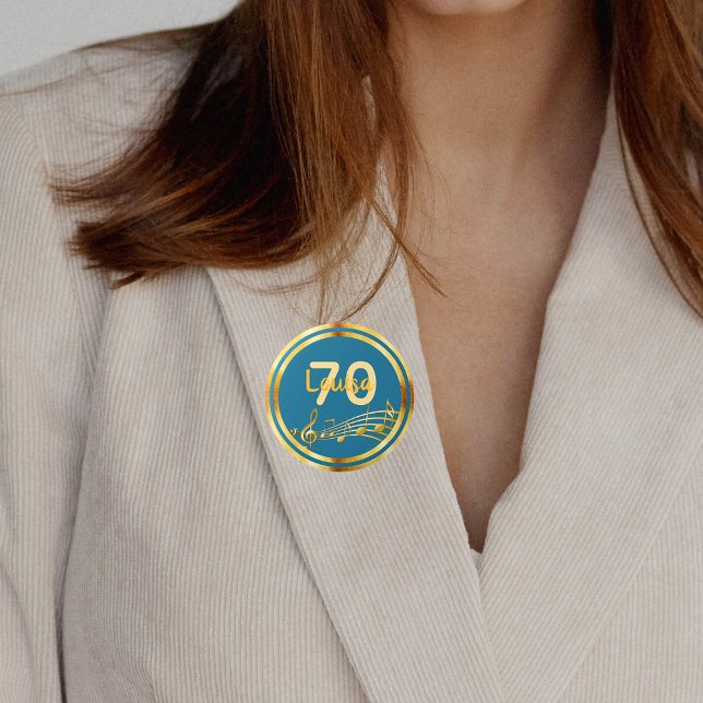70th birthday gold music notes on teal blue green button (Creator Uploaded)