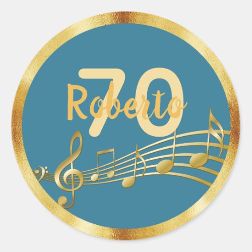 70th birthday gold music notes teal blue green classic round sticker