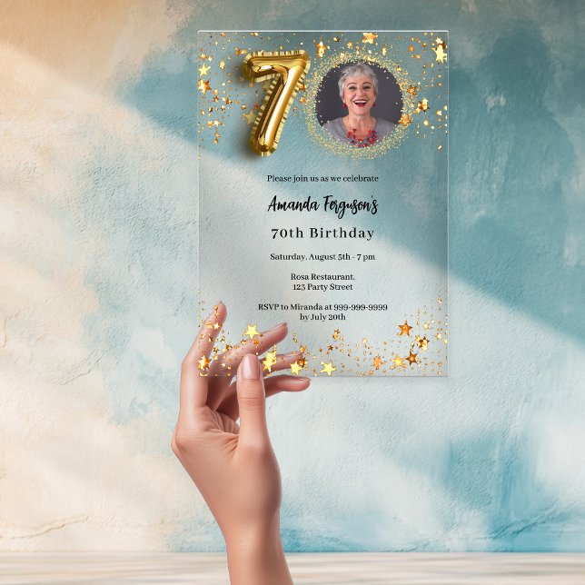 70th birthday gold photo stars clear acrylic invitations (Creator Uploaded)