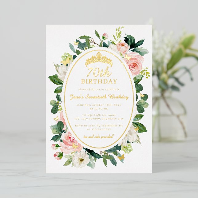 70th Birthday Gold Pink Butterfly Floral  Foil Invitation (Standing Front)