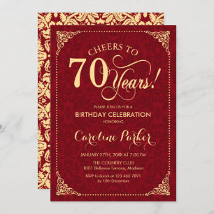 70th Birthday - Gold Red Damask Invitation