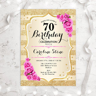 70th Birthday - Gold Stripes Pink Roses Invitation