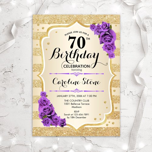 70th Birthday _ Gold Stripes Purple Roses Invitation