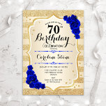 70th Birthday - Gold Stripes Royal Blue Roses Invitation<br><div class="desc">70th Birthday Invitation. Elegant design in gold and royal blue. Features faux glitter gold stripes,  sapphire roses stylish script font and confetti. Perfect for a glam birthday party.</div>