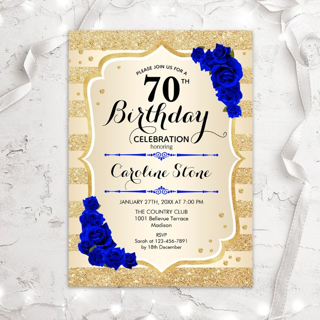 70th Birthday - Gold Stripes Royal Blue Roses Invitation (Creator Uploaded)