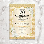 70th Birthday - Gold Stripes White Roses Invitation<br><div class="desc">70th Birthday Invitation. Elegant floral design in gold and white. Features faux glitter gold stripes,  white roses stylish script font and confetti. Perfect for a glam birthday party.</div>